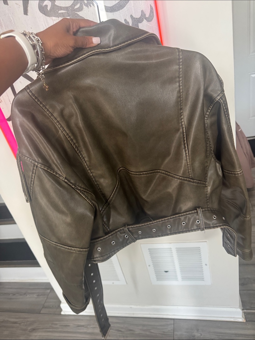 ZARA Olive Faux Leather Biker Jacket with Belt Sz XL - Picture 2 of 5